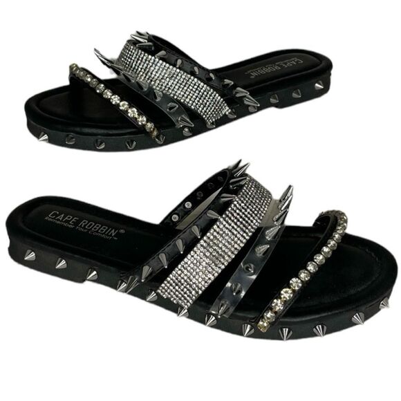 Cape Robbin Shoes - CAPE ROBBIN XTREME SLIDES Shoes Silver Metal with spikes and rhinestones BLACK 6